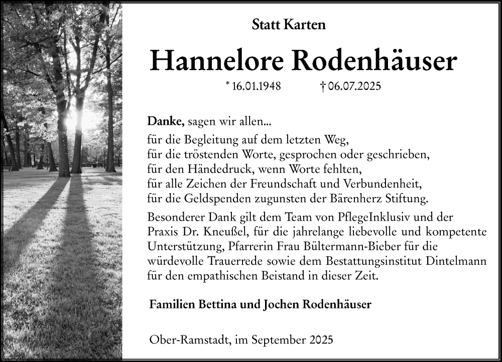  Traueranzeige für Hannelore Rodenhäuser vom 06.09.2025 aus Darmstädter Echo