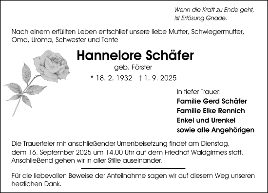 Traueranzeige von Hannelore Schäfer von Wetzlarer Neue Zeitung