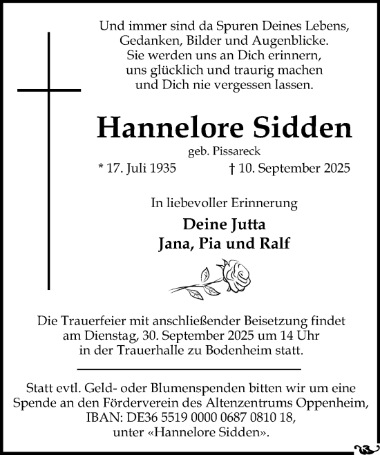 Traueranzeige von Hannelore Sidden von Allgemeine Zeitung Mainz