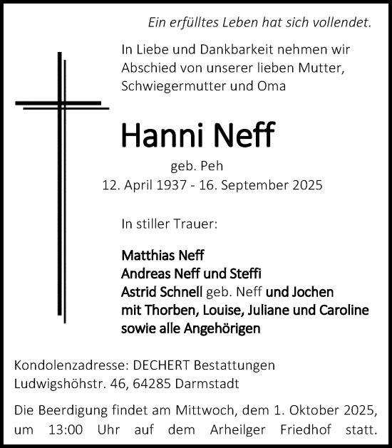Traueranzeige von Hanni Neff von Darmstädter Echo