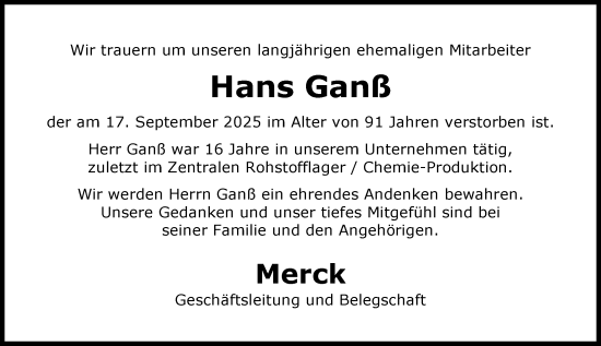 Traueranzeige von Hans Ganß von Darmstädter Echo