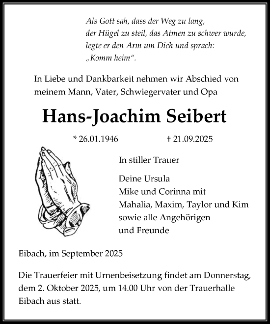 Traueranzeige von Hans-Joachim Seibert von Dill Block