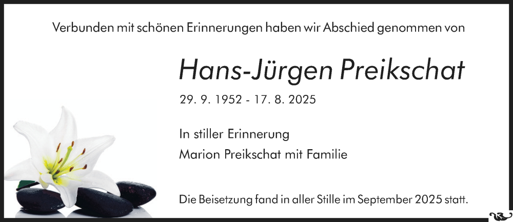  Traueranzeige für Hans-Jürgen Preikschat vom 13.09.2025 aus Allgemeine Zeitung Mainz
