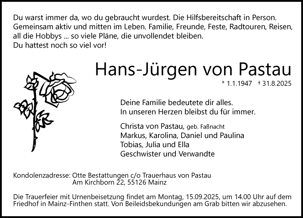  Traueranzeige für Hans-Jürgen von Pastau vom 06.09.2025 aus Allgemeine Zeitung Mainz