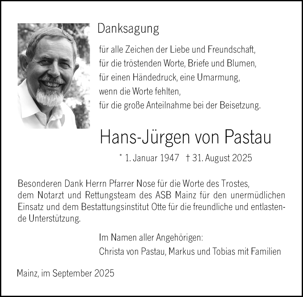  Traueranzeige für Hans-Jürgen von Pastau vom 27.09.2025 aus Allgemeine Zeitung Mainz
