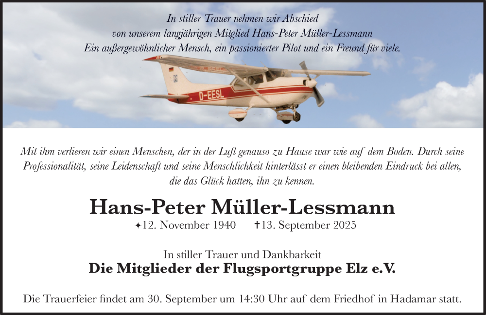  Traueranzeige für Hans-Peter Müller-Lessmann vom 27.09.2025 aus Nassauische Neue Presse