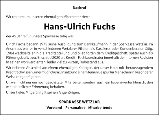 Traueranzeige von Hans-Ulrich Fuchs von Wetzlarer Neue Zeitung