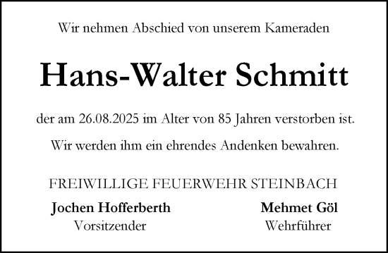 Traueranzeige von Hans-Walter Schmitt von Odenwälder Echo