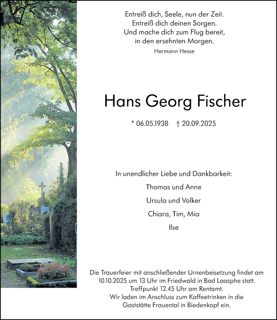 Traueranzeige von Hans Georg Fischer von Hinterländer Anzeiger
