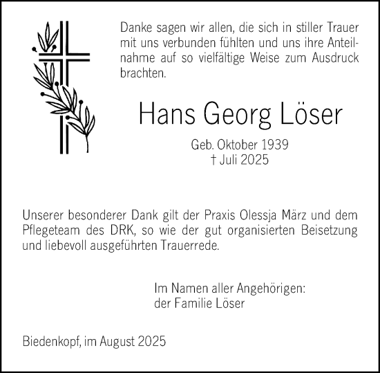 Traueranzeige von Hans Georg Löser von Hinterländer Anzeiger