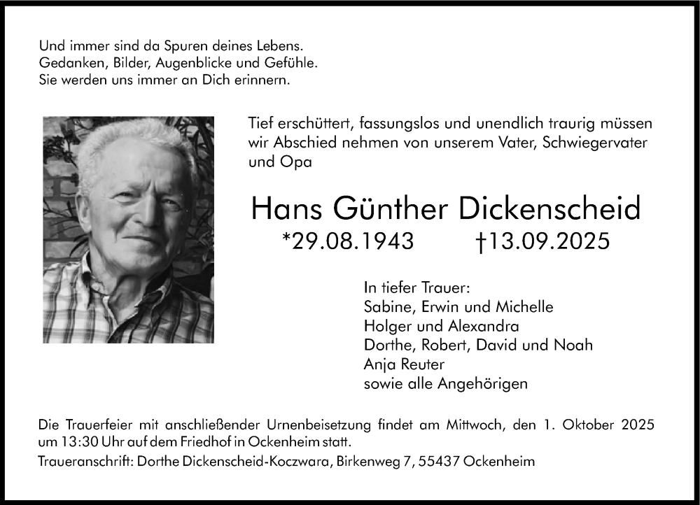  Traueranzeige für Hans Günther Dickenscheid vom 20.09.2025 aus Allgemeine Zeitung Rheinhessen-Nahe