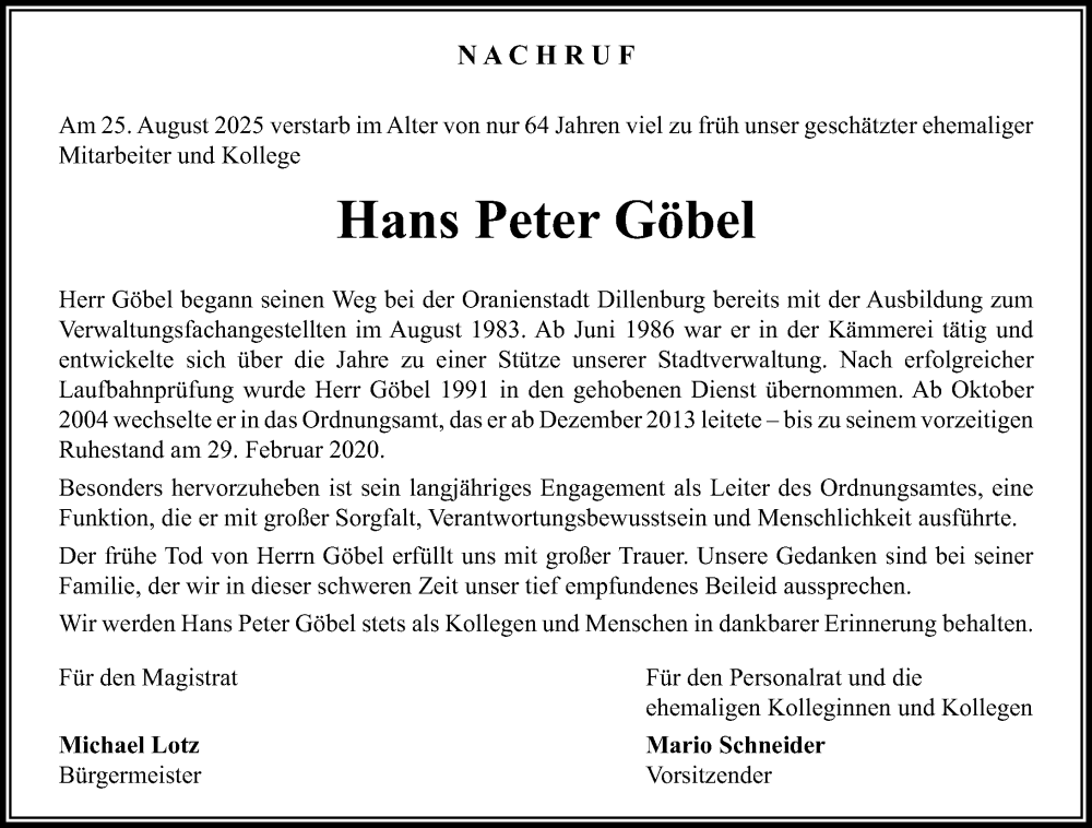  Traueranzeige für Hans Peter Göbel vom 19.09.2025 aus Dill Block