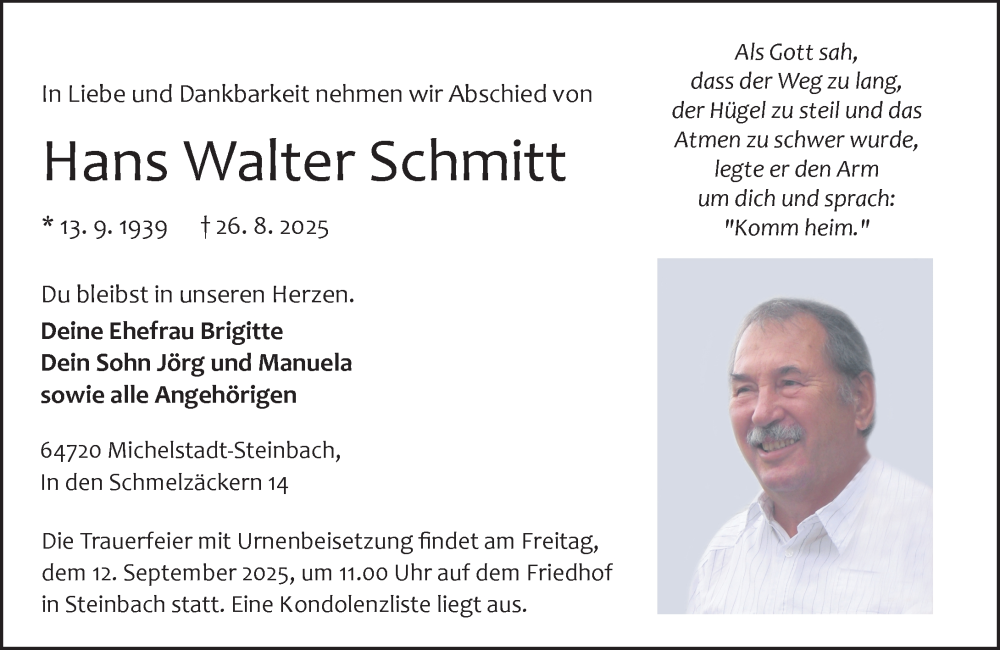  Traueranzeige für Hans Walter Schmitt vom 30.08.2025 aus Odenwälder Echo