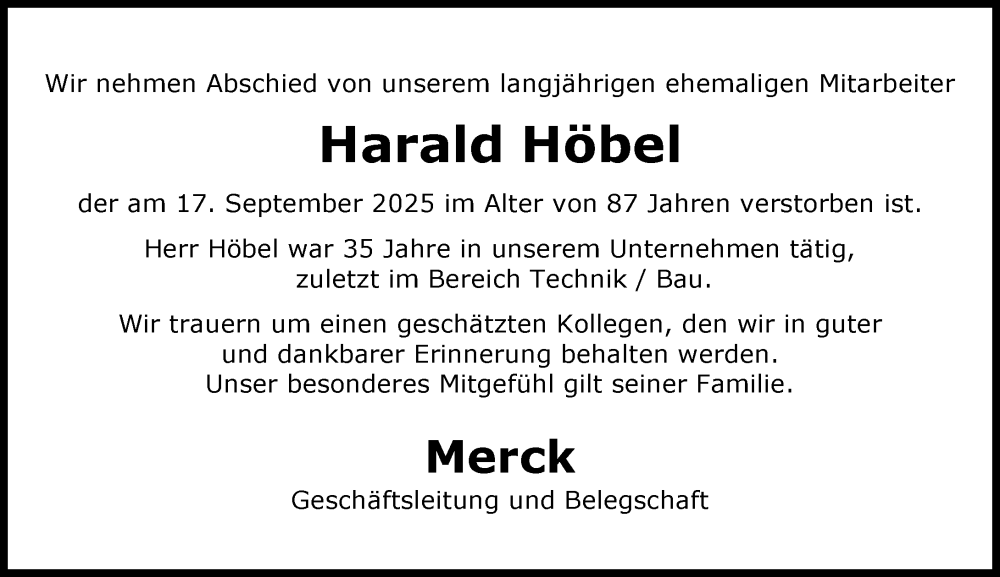  Traueranzeige für Harald Höbel vom 27.09.2025 aus Darmstädter Echo