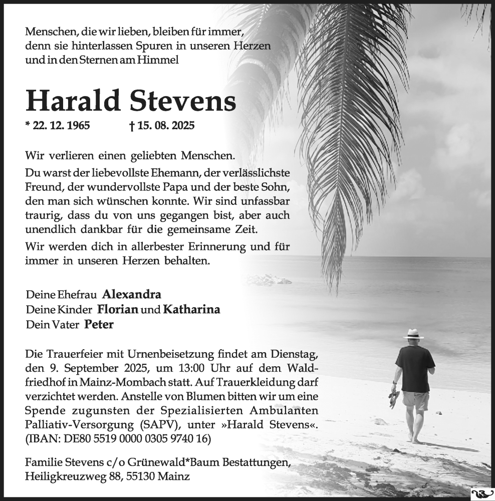  Traueranzeige für Harald Stevens vom 30.08.2025 aus Allgemeine Zeitung Mainz