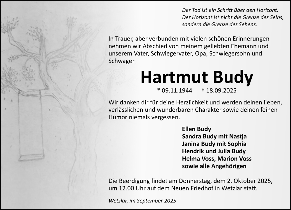  Traueranzeige für Hartmut Budy vom 27.09.2025 aus Wetzlarer Neue Zeitung
