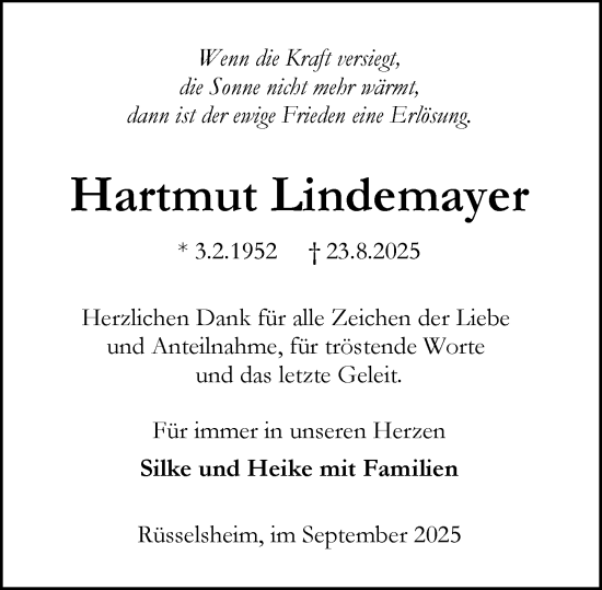 Traueranzeige von Hartmut Lindemayer von Rüsselsheimer Echo