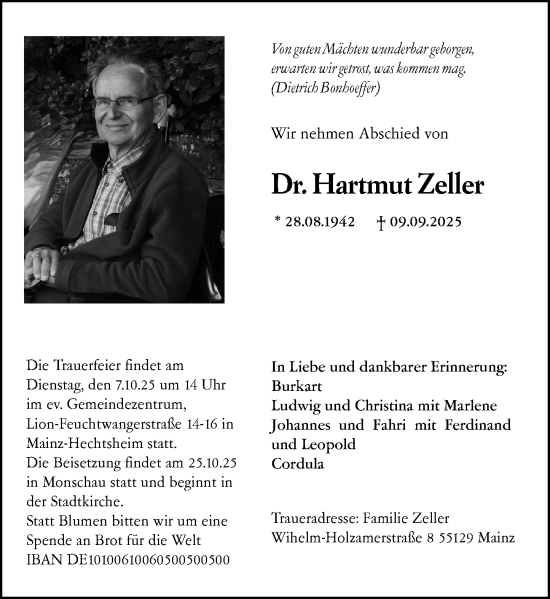 Traueranzeige von Hartmut Zeller von Allgemeine Zeitung Mainz