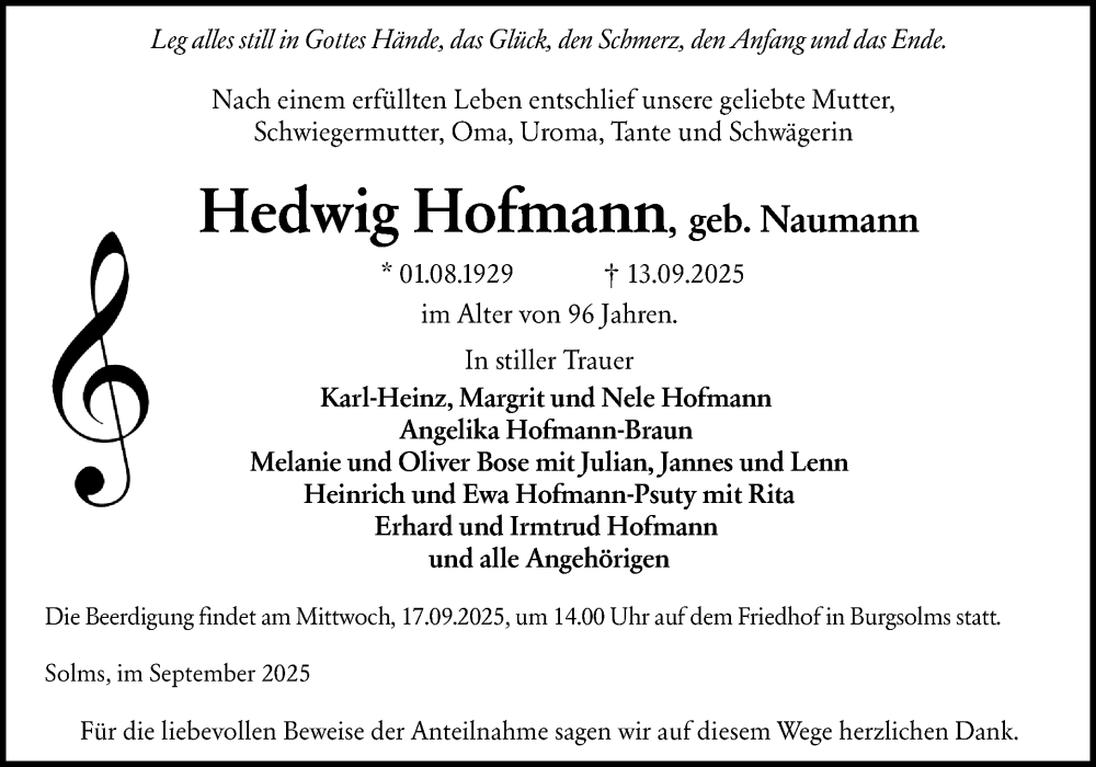  Traueranzeige für Hedwig Hofmann vom 16.09.2025 aus Wetzlarer Neue Zeitung