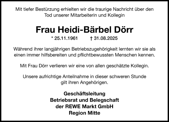 Traueranzeige von Heidi-Bärbel Dörr von Wiesbadener Kurier