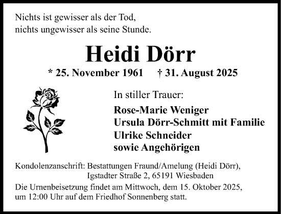 Traueranzeige von Heidi Dörr von Wiesbadener Kurier