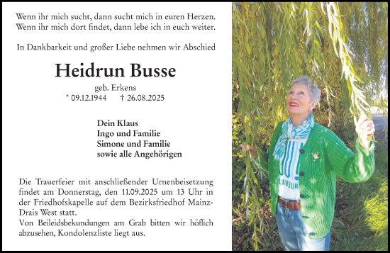 Traueranzeige von Heidrun Busse von Allgemeine Zeitung Mainz