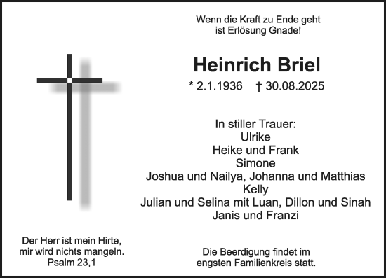 Traueranzeige von Heinrich Briel von Hinterländer Anzeiger