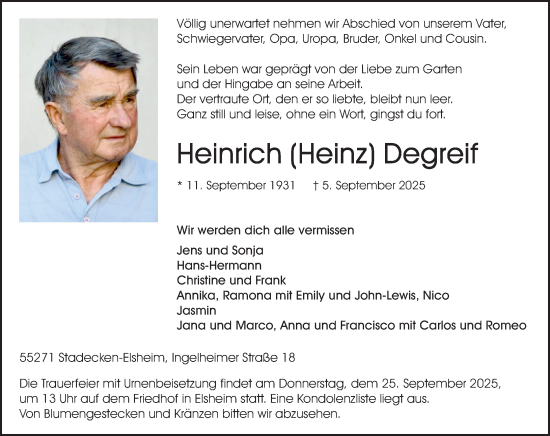 Traueranzeige von Heinrich Degreif von Allgemeine Zeitung Mainz