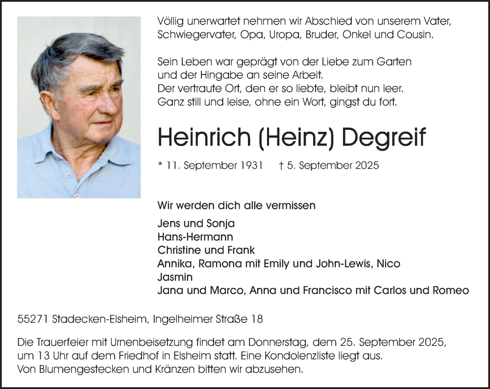  Traueranzeige für Heinrich Degreif vom 13.09.2025 aus Allgemeine Zeitung Mainz
