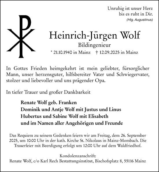 Traueranzeige von Heinrich-Jürgen Wolf von Allgemeine Zeitung Mainz