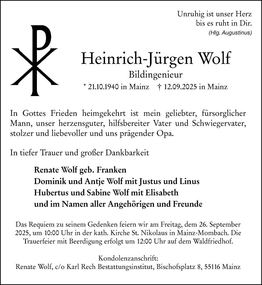  Traueranzeige für Heinrich-Jürgen Wolf vom 20.09.2025 aus Allgemeine Zeitung Mainz