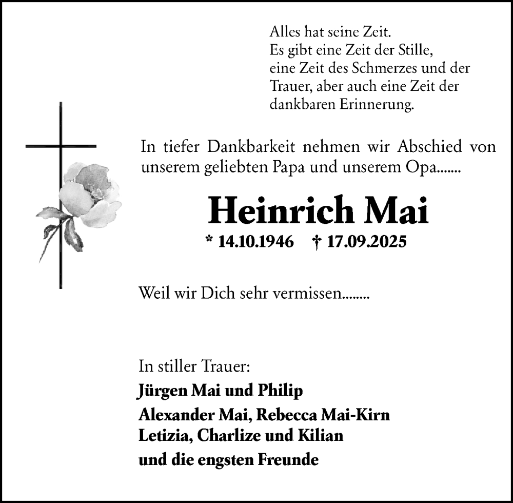  Traueranzeige für Heinrich Mai vom 25.09.2025 aus Starkenburger Echo