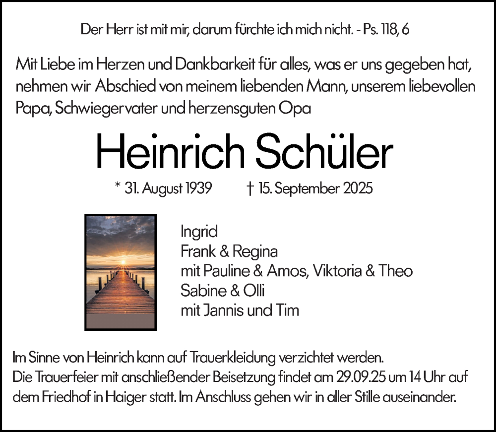  Traueranzeige für Heinrich Schüler vom 19.09.2025 aus Dill Block