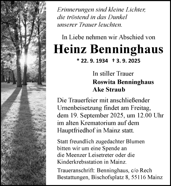 Traueranzeige von Heinz Benninghaus von Allgemeine Zeitung Mainz