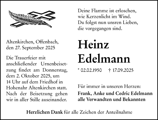 Traueranzeige von Heinz Edelmann von Wetzlarer Neue Zeitung