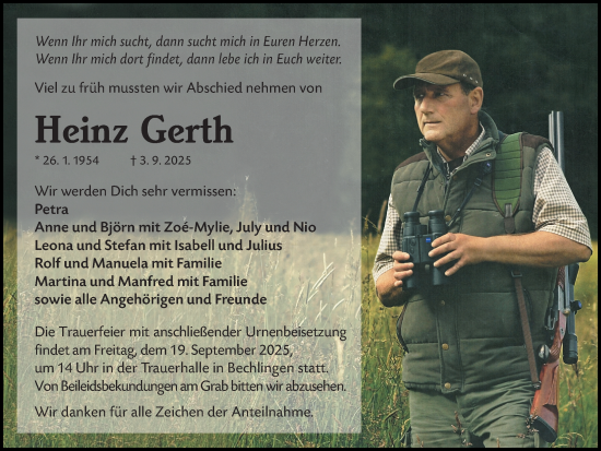 Traueranzeige von Heinz Gerth von Wetzlarer Neue Zeitung