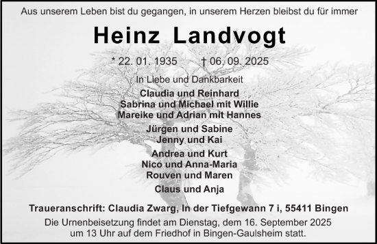 Traueranzeige von Heinz Landvogt von Binger-/Ingelheimer Wochenblatt