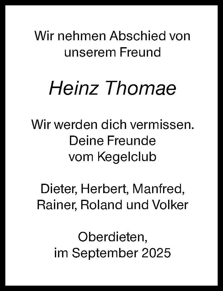  Traueranzeige für Heinz Thomae vom 18.09.2025 aus Hinterländer Anzeiger