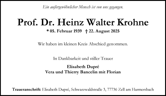 Traueranzeige von Heinz Walter Krohne von Allgemeine Zeitung Rheinhessen-Nahe