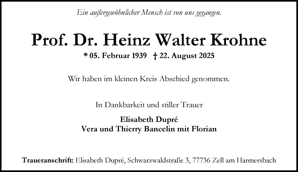  Traueranzeige für Heinz Walter Krohne vom 20.09.2025 aus Allgemeine Zeitung Rheinhessen-Nahe