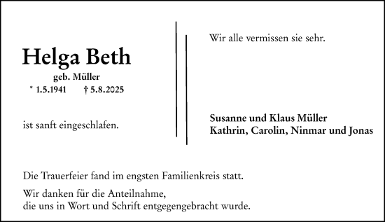 Traueranzeige von Helga Beth von Wiesbadener Kurier