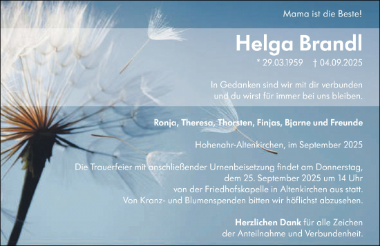 Traueranzeige von Helga Brandl von Dill Block