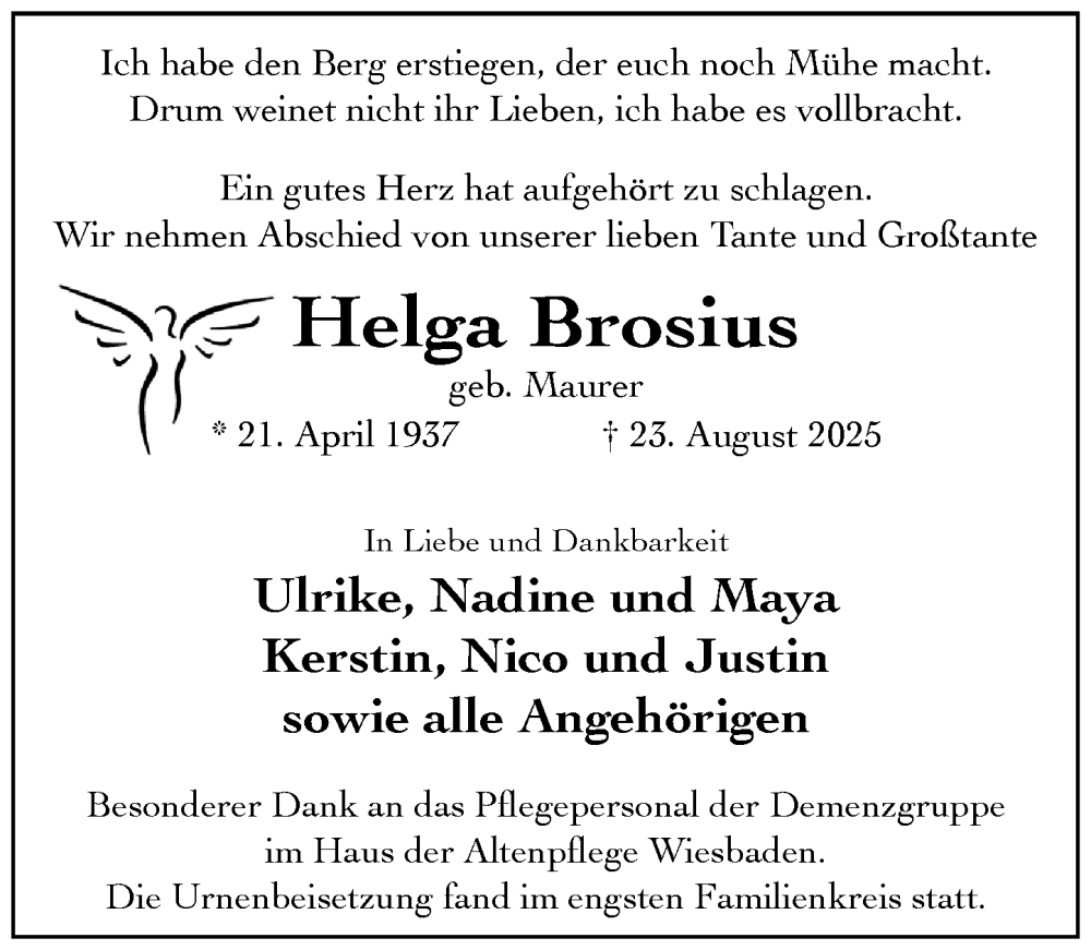  Traueranzeige für Helga Brosius vom 27.09.2025 aus Wiesbadener Kurier