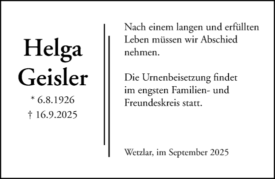 Traueranzeige von Helga Geisler von Wetzlarer Neue Zeitung