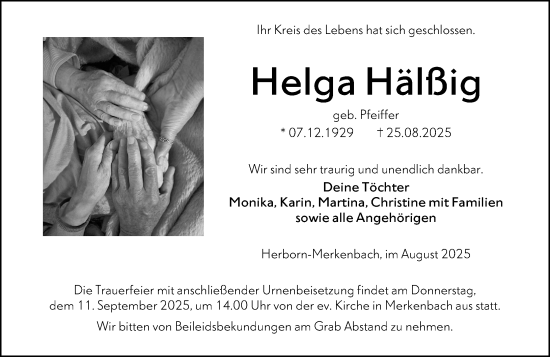 Traueranzeige von Helga Hälßig von Dill Block