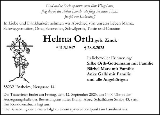 Traueranzeige von Helma Orth von Allgemeine Zeitung Alzey