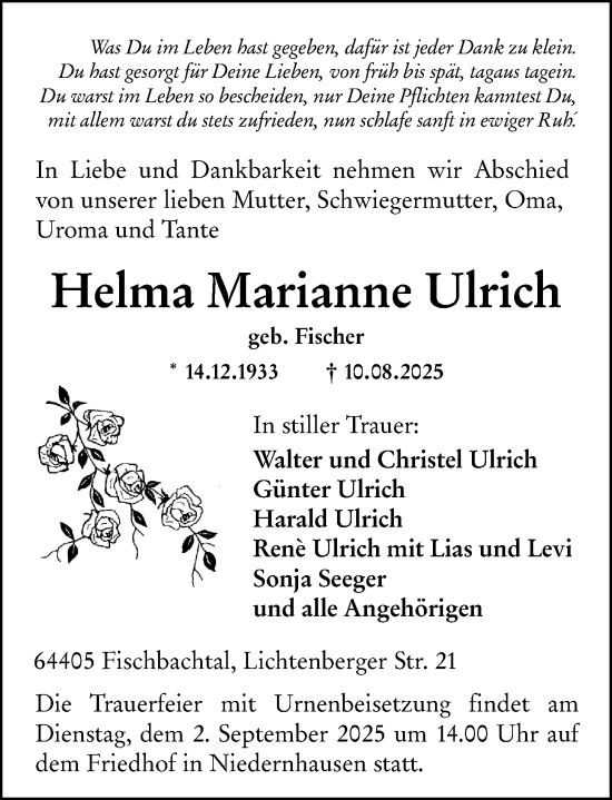 Traueranzeige von Helma Marianne Ulrich von Darmstädter Echo
