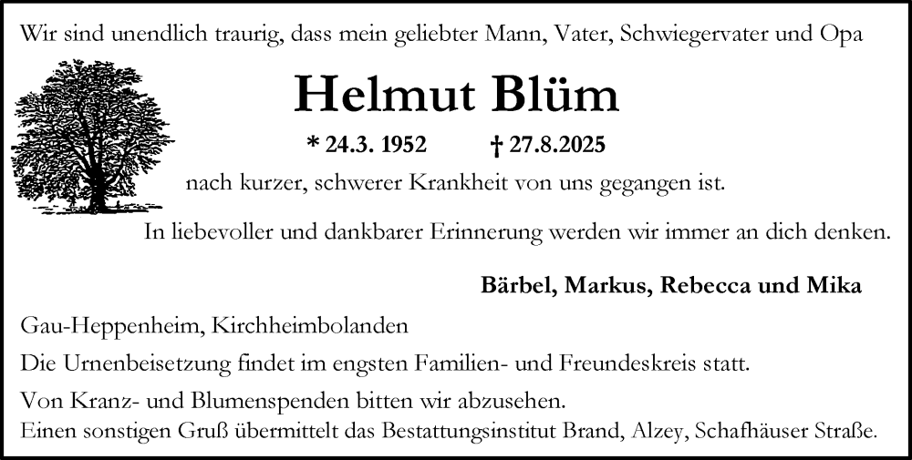  Traueranzeige für Helmut Blüm vom 30.08.2025 aus Allgemeine Zeitung Alzey