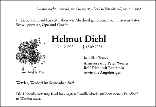 Traueranzeige von Helmut Diehl von Wetzlarer Neue Zeitung