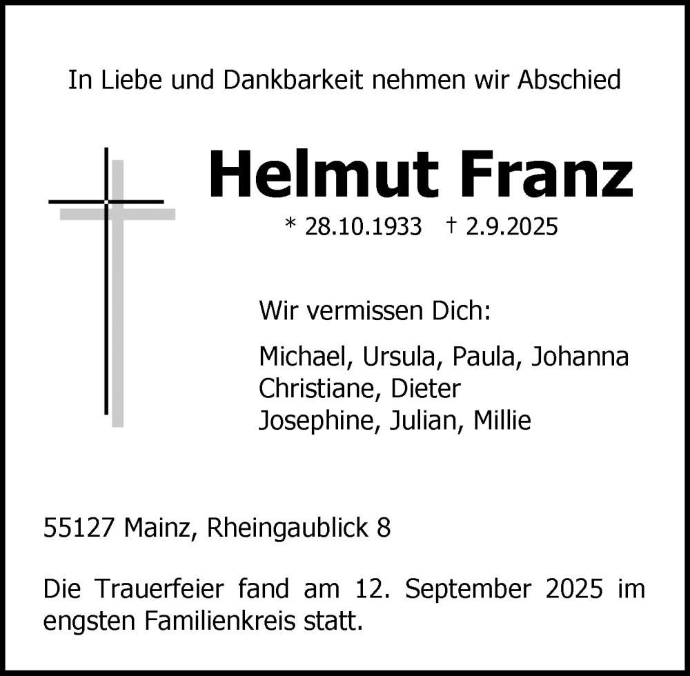  Traueranzeige für Helmut Franz vom 13.09.2025 aus Allgemeine Zeitung Mainz
